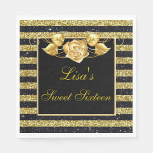 Elegant Goud Zwart Glitter Goud Roos Sweet 16 Servet
