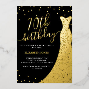 Elegant Goud Zwart Kalligrafie Jurk 70e Verjaardag Folie Uitnodiging