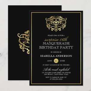 Elegant Goud & Zwart Masquerade Verrassingsfeest Kaart