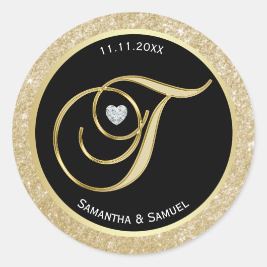 Elegant Goud Zwart Monogram Letter 'T' Bruiloft Ronde Sticker (Voorkant)