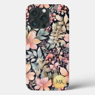 Elegant Goud Zwart Roze Bloemen Waterverf Monogram iPhone 13 Pro Hoesje