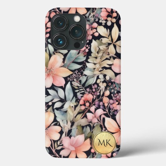 Elegant Goud Zwart Roze Bloemen Waterverf Monogram Case-Mate iPhone Case (Achterkant)