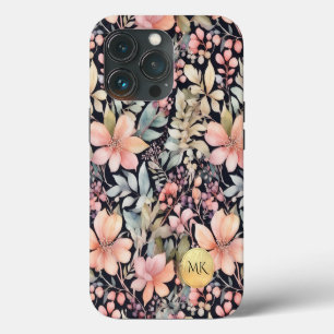 Elegant Goud Zwart Roze Bloemen Waterverf Monogram iPhone 13 Pro Hoesje