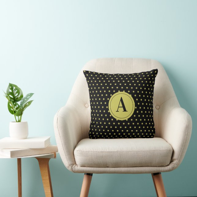Elegant goud & zwart sterrenpatroon monogram kussen (Stoel)