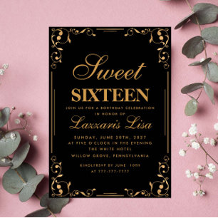 Elegant Goud Zwart Sweet Sixteen 16 Verjaardag Kaart