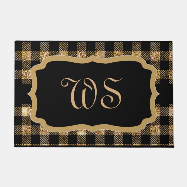Elegant Goud Zwart Tartan Plaid Monogrammed Deurmat (Voorkant)