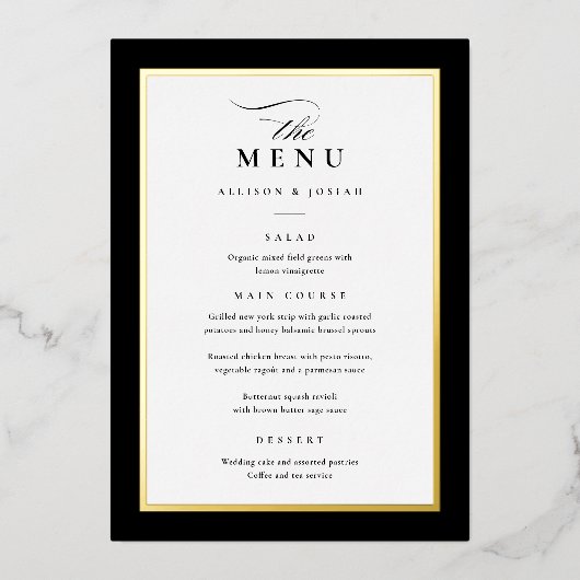 Elegant Goud Zwart-Wit Bruiloft Folie Menu's Folie Uitnodiging (Voorkant)
