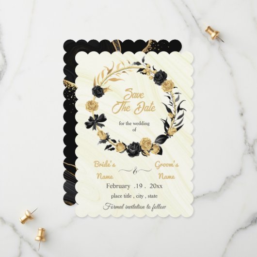 elegant goud & zwarte flormond save the date (Voorkant / Achterkant in situ)
