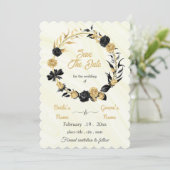 elegant goud & zwarte flormond save the date (Staand voorkant)