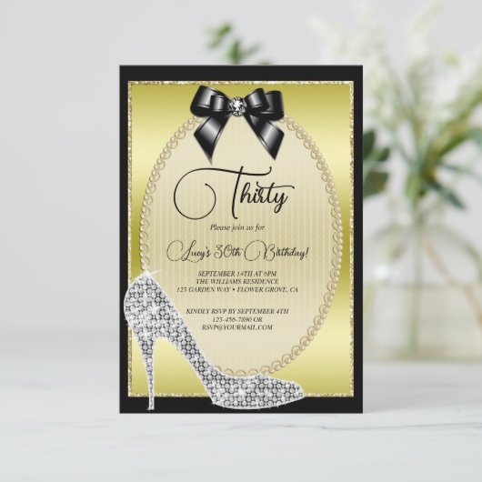 Elegant Goud, Zwarte Strik & Stiletto Verjaardag Kaart (Staand voorkant)