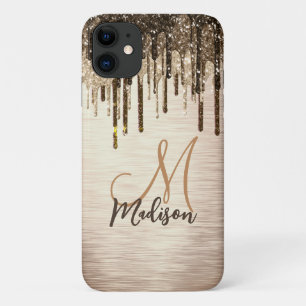 Elegant goudbruine druppels glitter monogram iPhone 11 hoesje