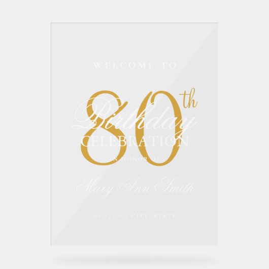Elegant gouden 80e verjaardagsfeest welkom acryl bord (Voorkant)