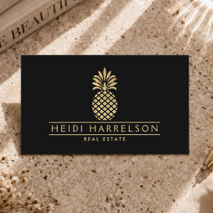 Elegant gouden ananaslogo op zwart visitekaartje
