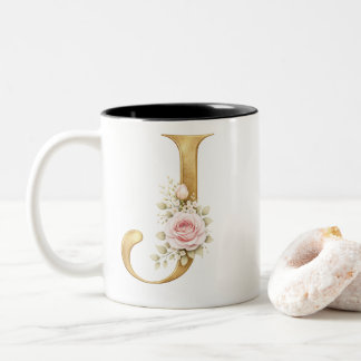 Elegant Gouden Bloem Letter J Monogram Logo Tweekleurige Koffiemok