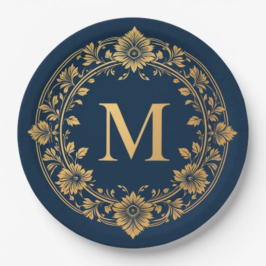 Elegant gouden bloemenmonogram ontwerp papieren bordje (Voorkant)