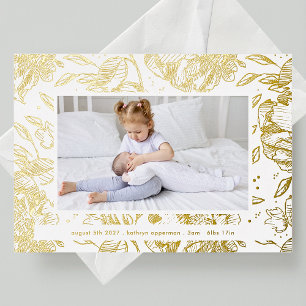 Elegant gouden bloemenpasgeborene 4 foto baby gebo folie uitnodiging