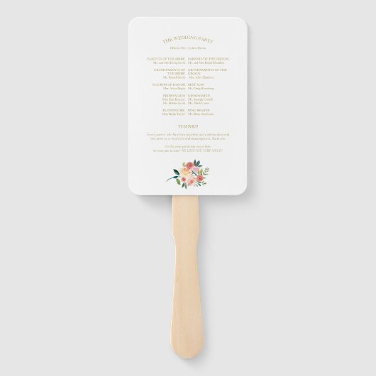 Elegant Gouden Bloemige Waterverf Bruiloftsprogram Handwaaier (Achterkant)
