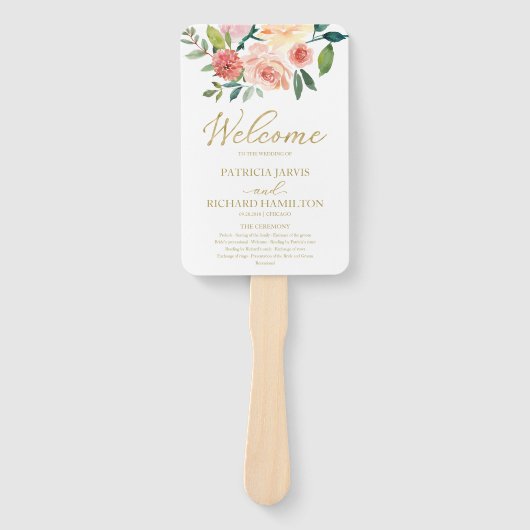 Elegant Gouden Bloemige Waterverf Bruiloftsprogram Handwaaier (Voorkant)