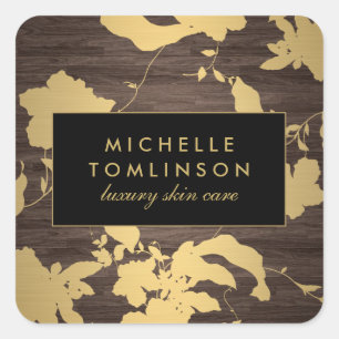 Elegant Gouden Bloemmotief Donker Hout Vierkante Sticker
