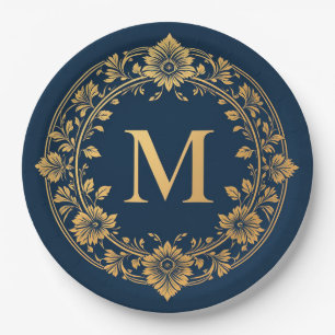 Elegant gouden bloemmotief monogram ontwerp papieren bordje