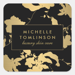 Elegant Gouden Bloempatroon Zwart Vierkante Sticker