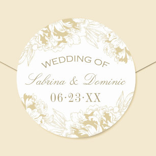 Elegant Gouden Bloemstuk Pioen Trouw Monogram Ronde Sticker