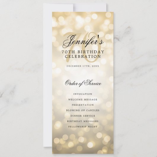 Elegant gouden bokeh 70ste verjaardagsprogramma me kaart (Voorkant)
