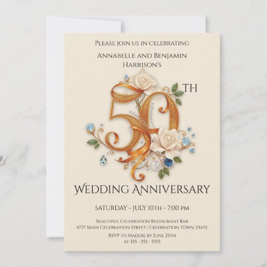 Elegant gouden en witte 50ste bruiloft Jubileum Kaart (Voorkant)