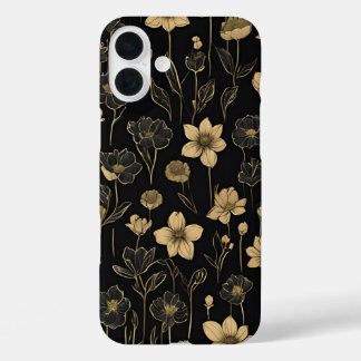 Elegant gouden en zwarte bloemenpatroon iPhone 16 plus hoesje