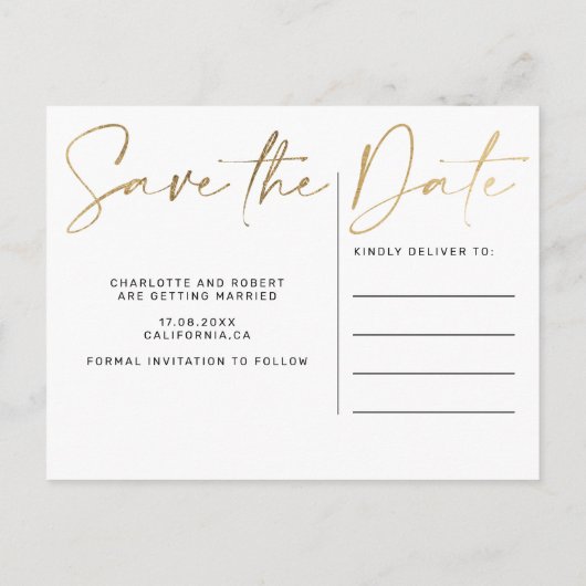 Elegant gouden foliefoto's bruiloft met datum aankondigingskaart (Achterkant)