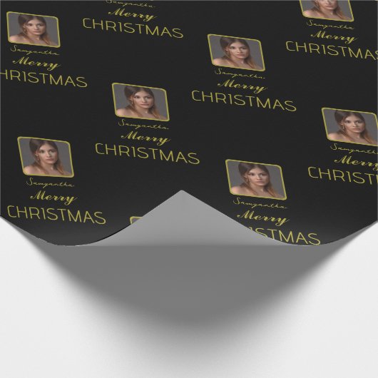 Elegant gouden fotoscript naam vrolijk kerstfeest cadeaupapier (Hoek)