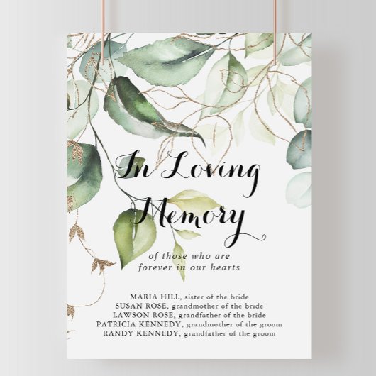 Elegant gouden groen In Loving Memory bord Poster