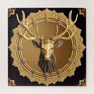 Elegant Gouden Hertenembleem met Sierlijke Lijst Legpuzzel