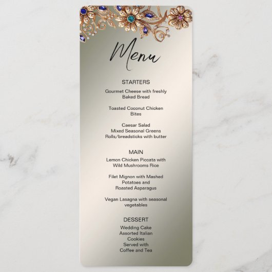 Elegant gouden juweel bloemen bruiloft menu (Voorkant)