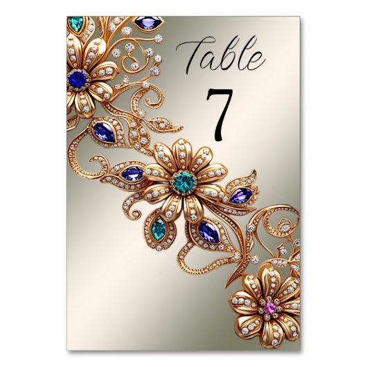 Elegant gouden juweel bloemen tafel nummer kaart (Voorkant)