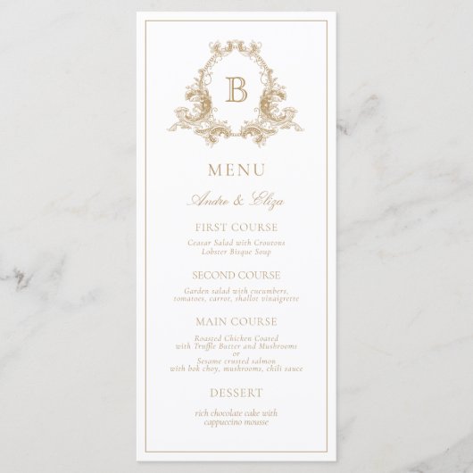 Elegant Gouden Kam Monogram Bruiloft Menu (Voorkant)