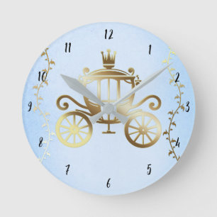 Elegant Gouden Koets Blauw Storybook Prinses Ronde Klok