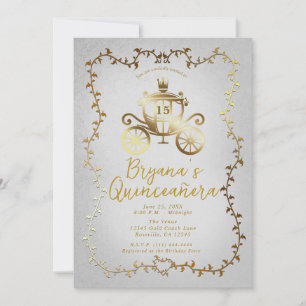 Elegant Gouden Koets Blauw Storybook Quinceañera Kaart