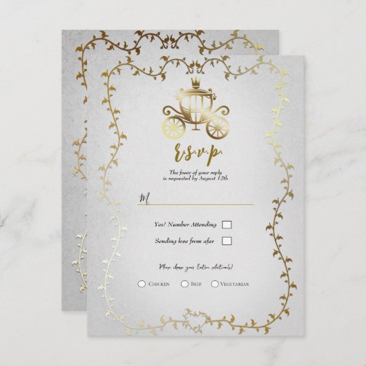 Elegant Gouden Koets Wit Storybook Bruiloft RSVP Kaart (Voorkant / Achterkant)