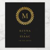 Elegant Gouden Krans Monogram Zwart Wijn Etiket (Enkel label)