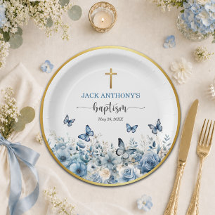 Elegant Gouden Kruis Blauwe Bloem Doop Papieren Bordje