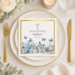 Elegant Gouden Kruis Blauwe Bloemen Doop Servet