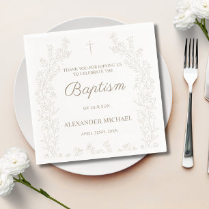 Elegant Gouden Kruis Bloemige Christelijke Doop Servet