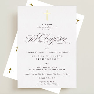 Elegant Gouden Kruis Calligrafie Doopfeest Folie Uitnodiging