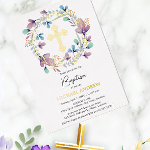 Elegant Gouden Kruis Doop Bloemen Folie Uitnodiging