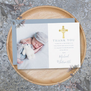 Elegant Gouden Kruis Foto Handtekening Script Doop Bedankkaart