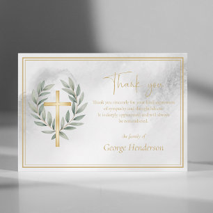 Elegant Gouden Kruis met Bladeren Funeral Bedankkaart