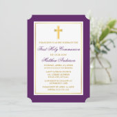 Elegant gouden kruis Paarse eerste communie Kaart (Staand voorkant)