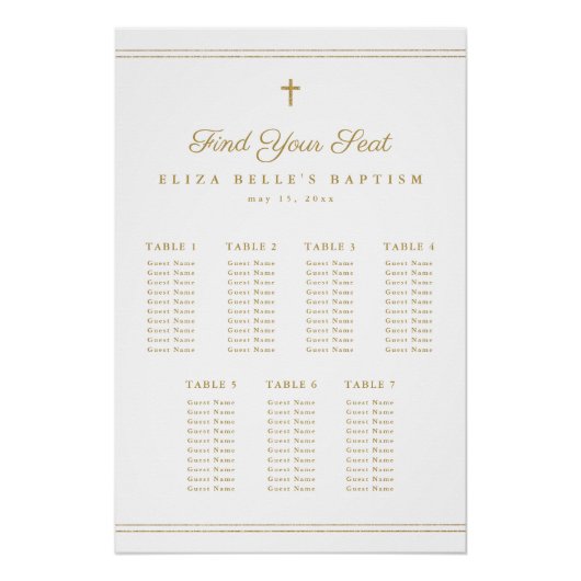 Elegant Gouden Kruis Religieuze Doop Zitkaart Perfect Poster (Voorkant)