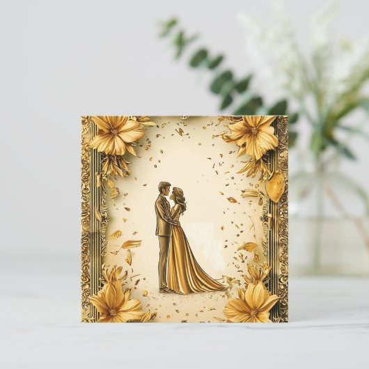 Elegant gouden kunstwerk van romantisch bruidspaar save the date (Staand voorkant)